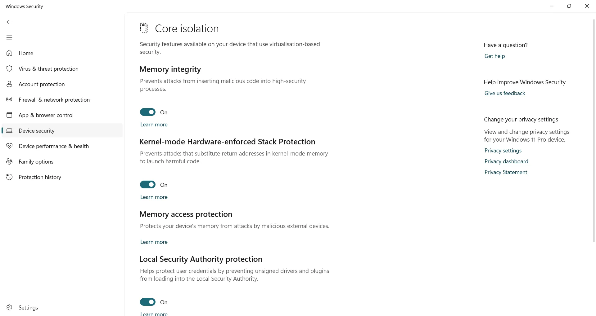Kích hoạt tính năng Toàn vẹn bộ nhớ trong cài đặt Cách ly cốt lõi của Windows Security