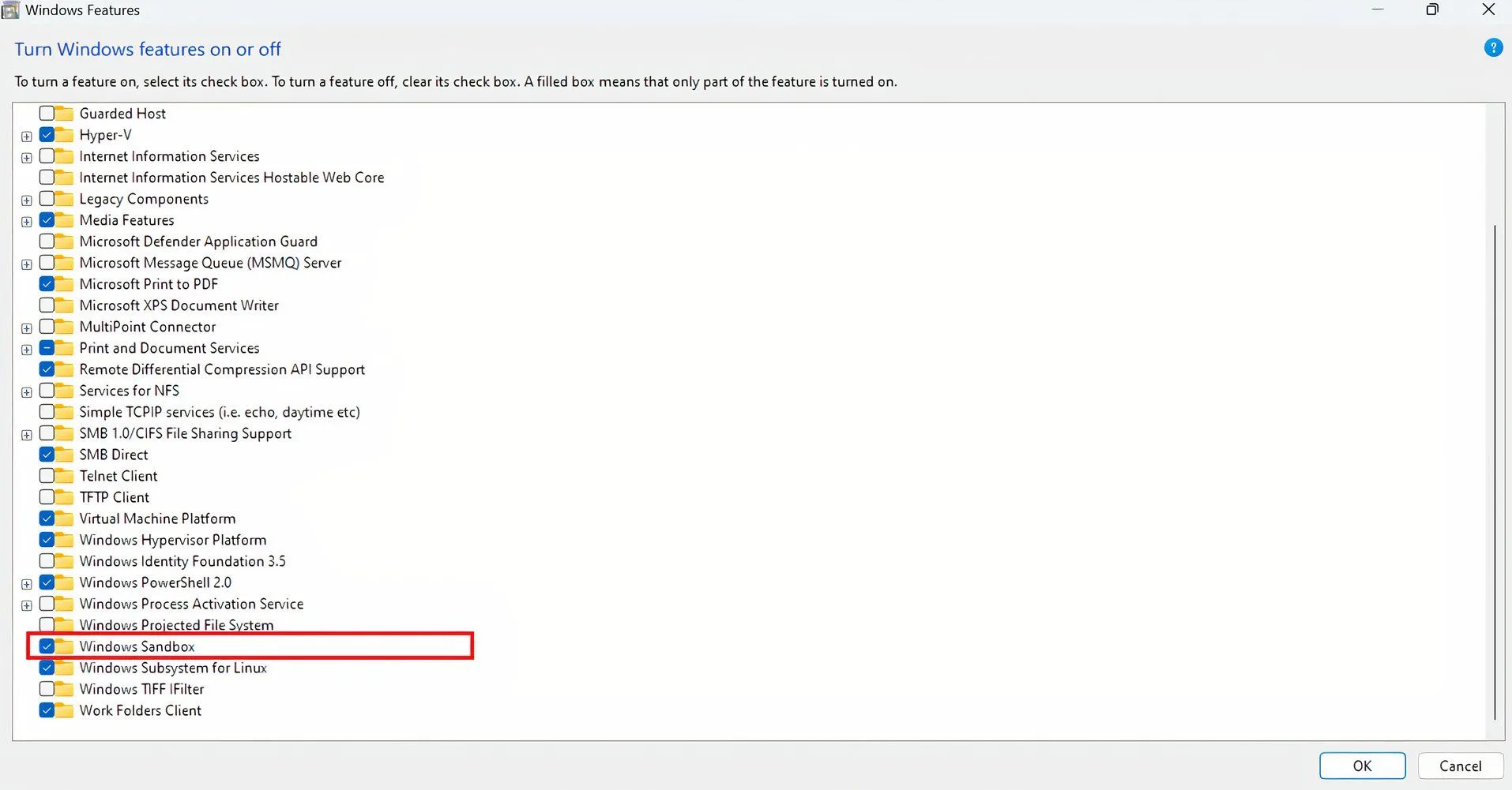 Kích hoạt tính năng Windows Sandbox trong Windows Features