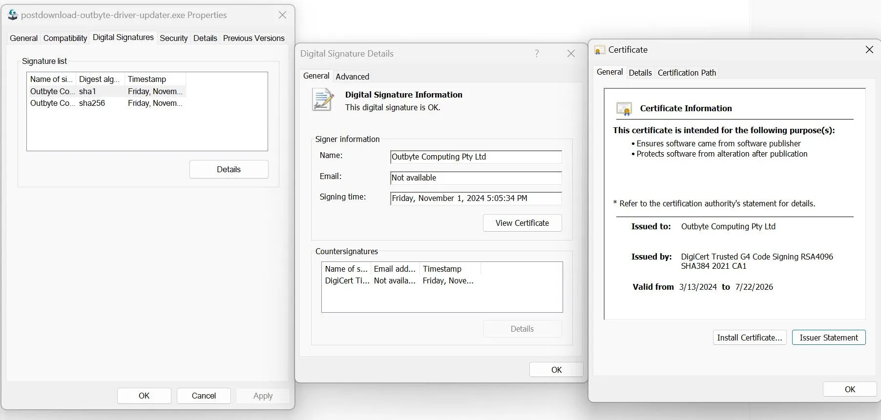 Kiểm tra chứng chỉ kỹ thuật số (Digital Signature) của một file EXE trong cửa sổ thuộc tính trên Windows.