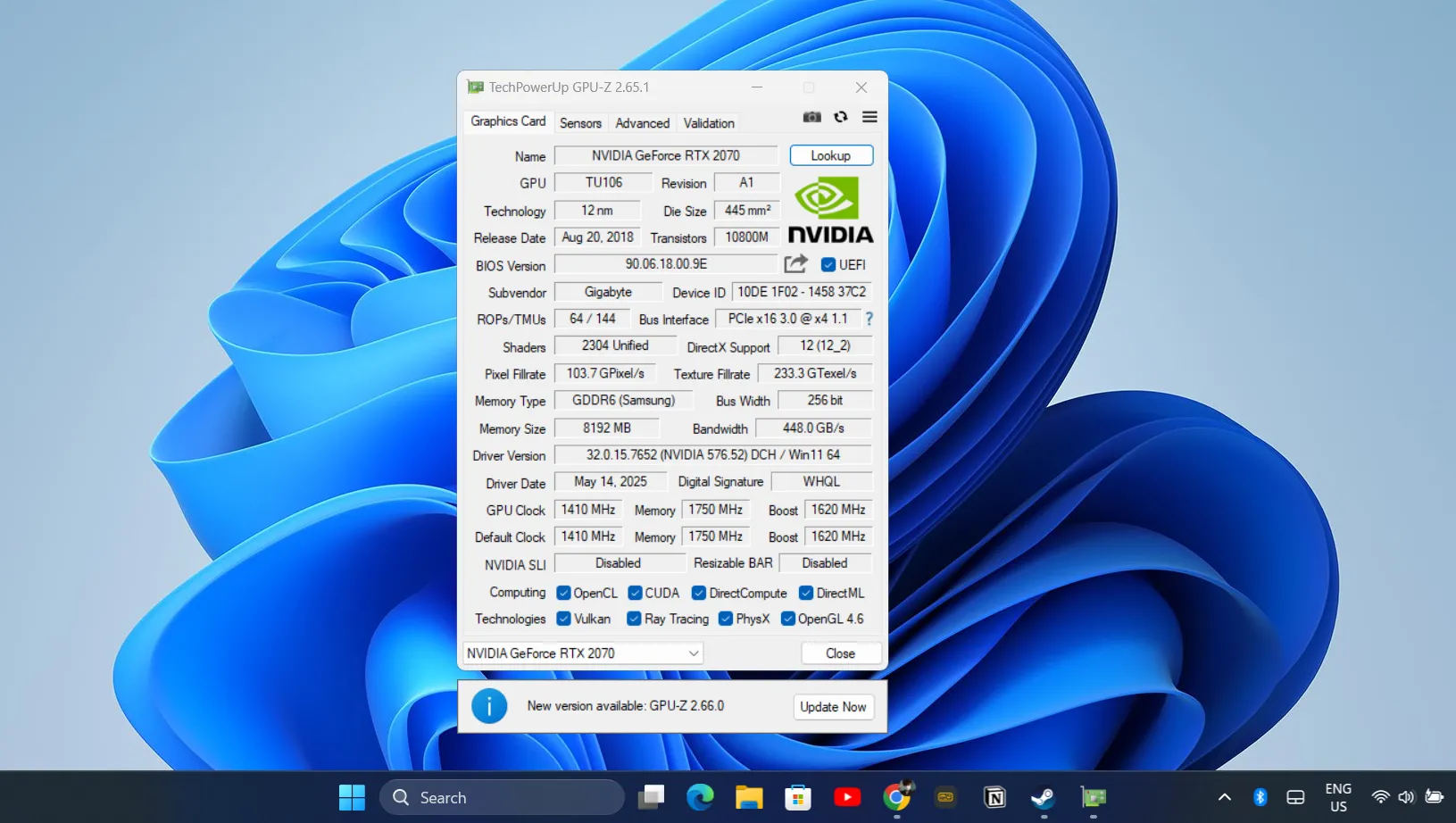 Kiểm tra thông tin card đồ họa eGPU được kết nối thành công với laptop thông qua phần mềm GPU-Z, xác nhận mọi thứ hoạt động.