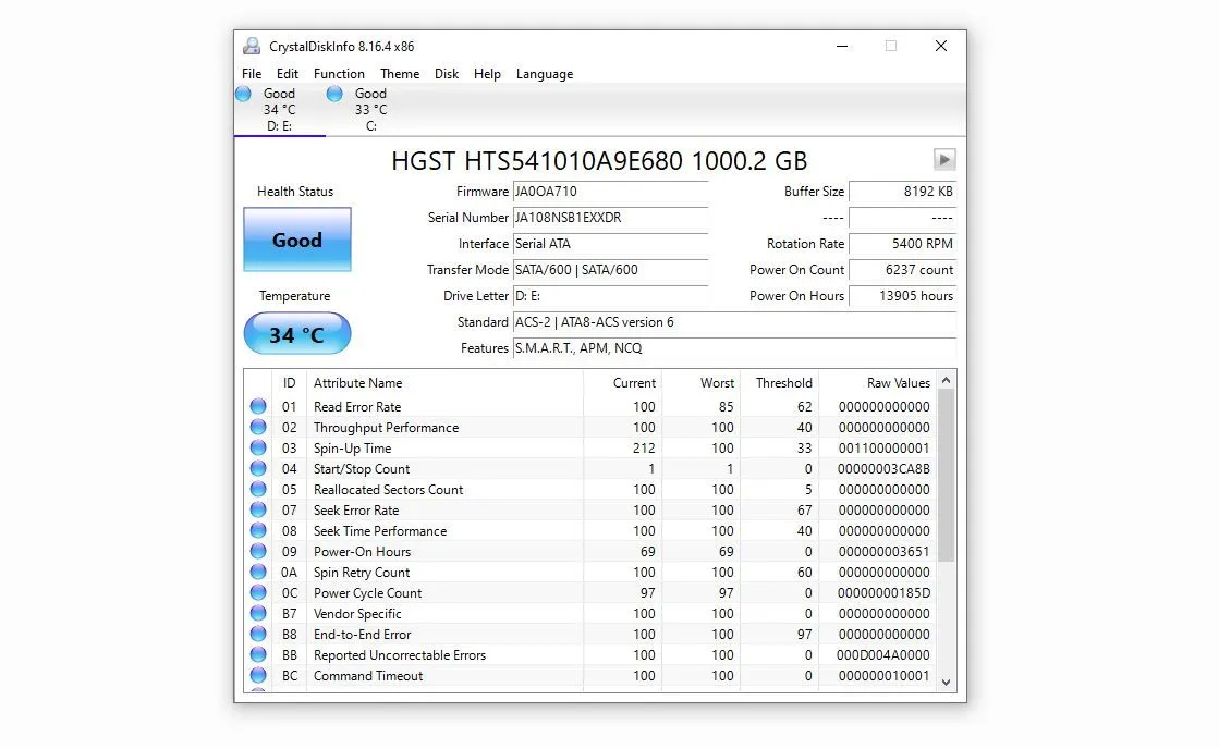 Kiểm tra tình trạng sức khỏe ổ cứng máy tính bằng phần mềm CrystalDiskInfo trên Windows 10
