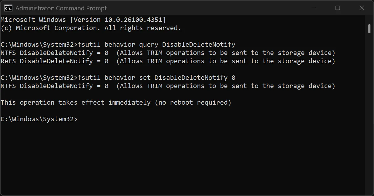 Kiểm tra trạng thái TRIM bằng lệnh fsutil behavior query DisableDeleteNotify trong Command Prompt