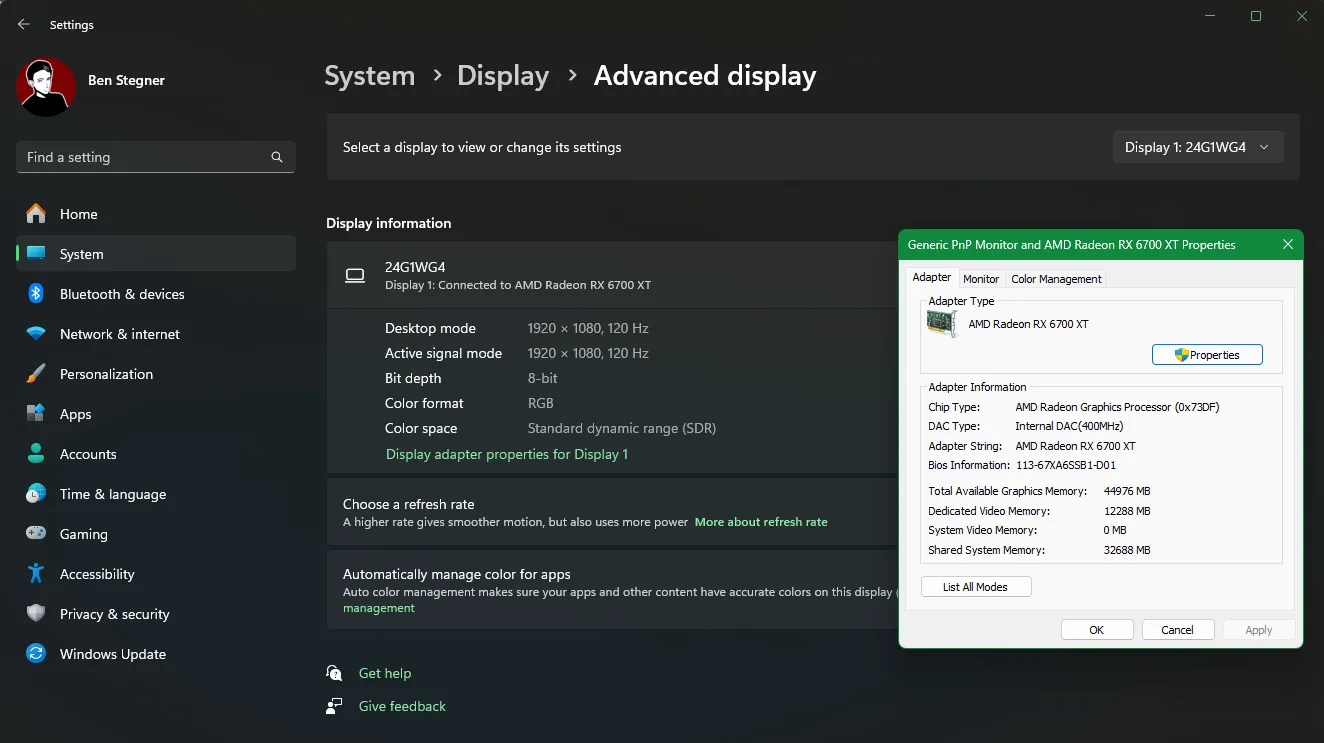 Kiểm tra VRAM trên Windows 11 qua cài đặt hiển thị nâng cao