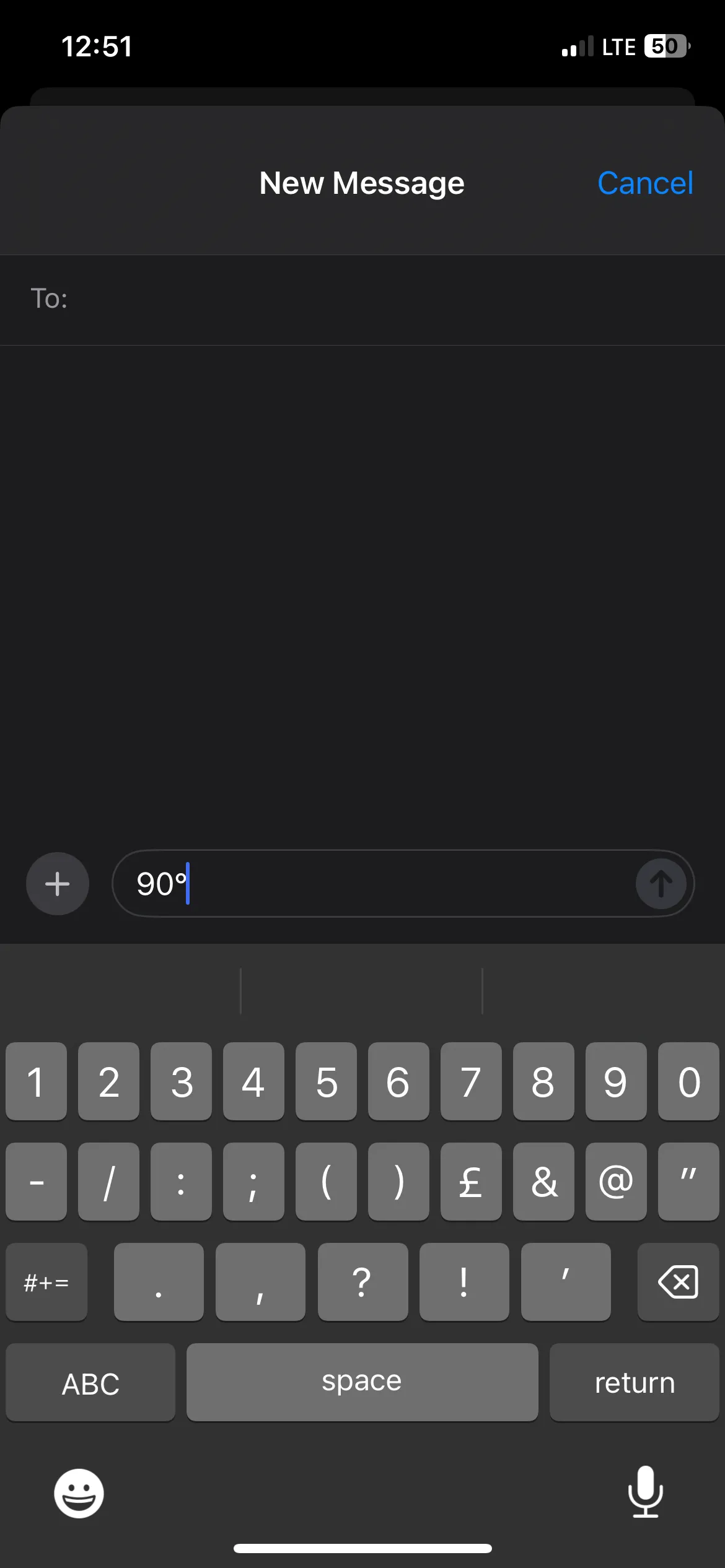 Ký hiệu độ 90° được gõ trong ứng dụng Tin nhắn trên iPhone.