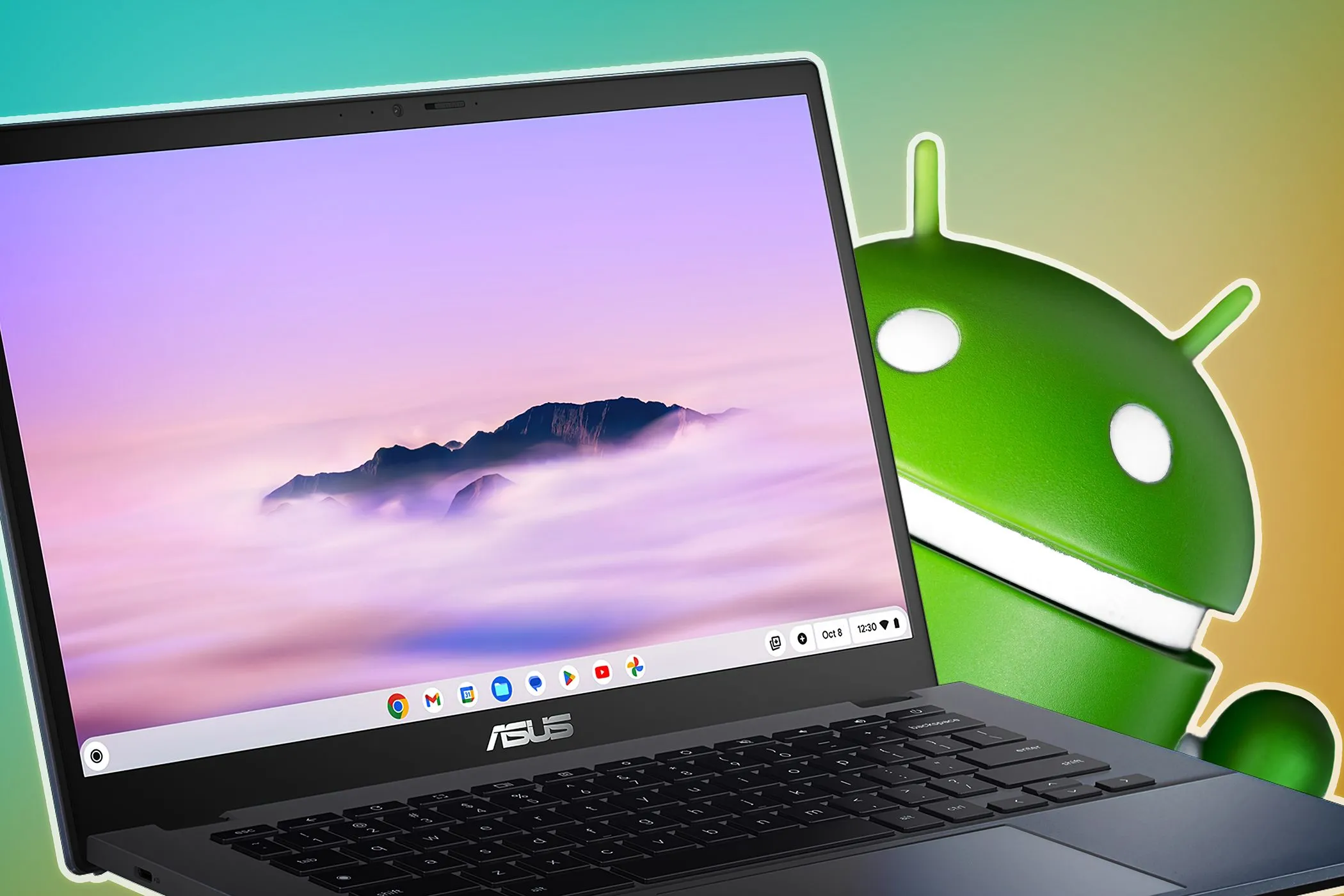 Laptop ASUS Chromebook với hình nền phong cảnh, kèm theo logo Android, cho thấy khả năng tương thích hoặc tích hợp Android