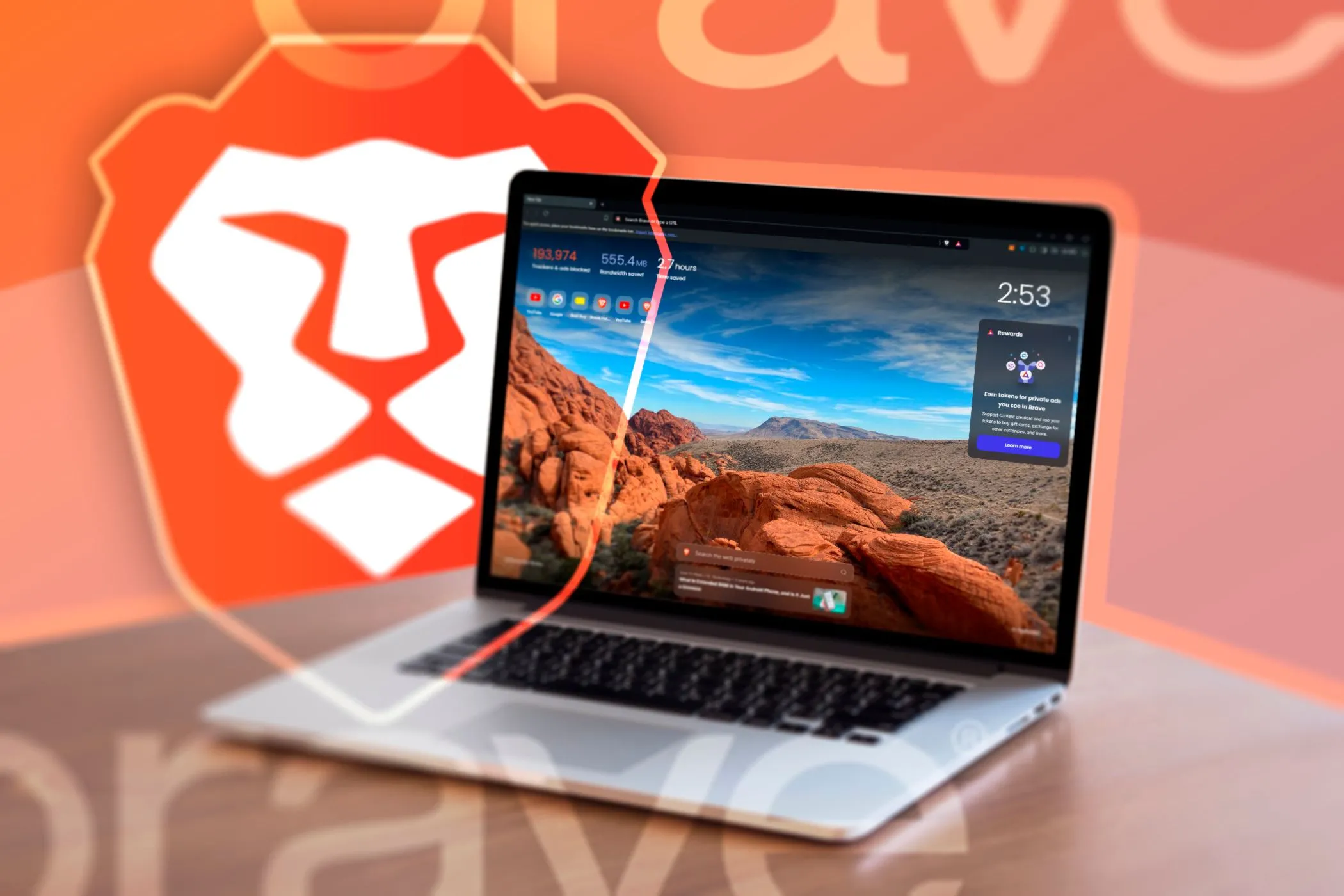 Laptop hiển thị giao diện trình duyệt Brave đang mở cùng với logo Brave, nhấn mạnh khả năng chặn quảng cáo và bảo vệ riêng tư.