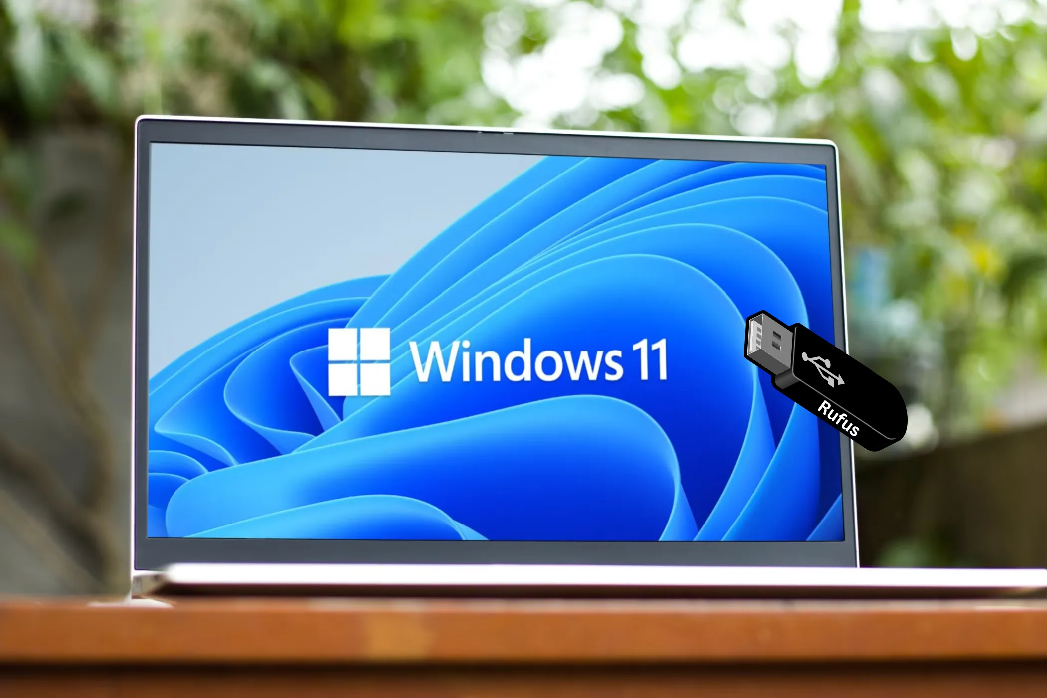Laptop hiển thị logo và hình nền Windows 11 cùng biểu tượng USB Rufus