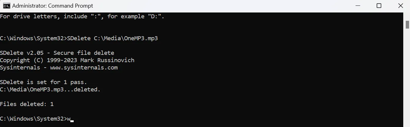 Lệnh SDelete để xóa một file cụ thể trong Command Prompt