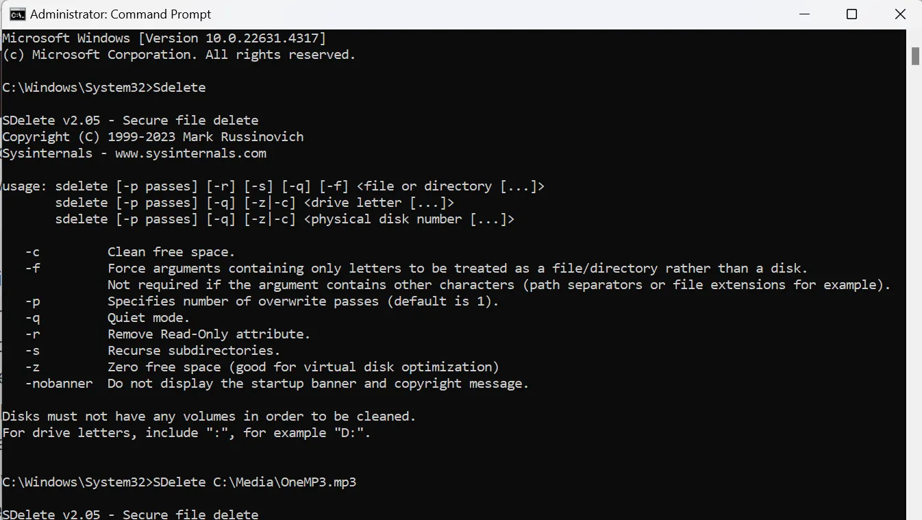 Lệnh SDelete trong Command Prompt hiển thị hộp thoại thỏa thuận cấp phép
