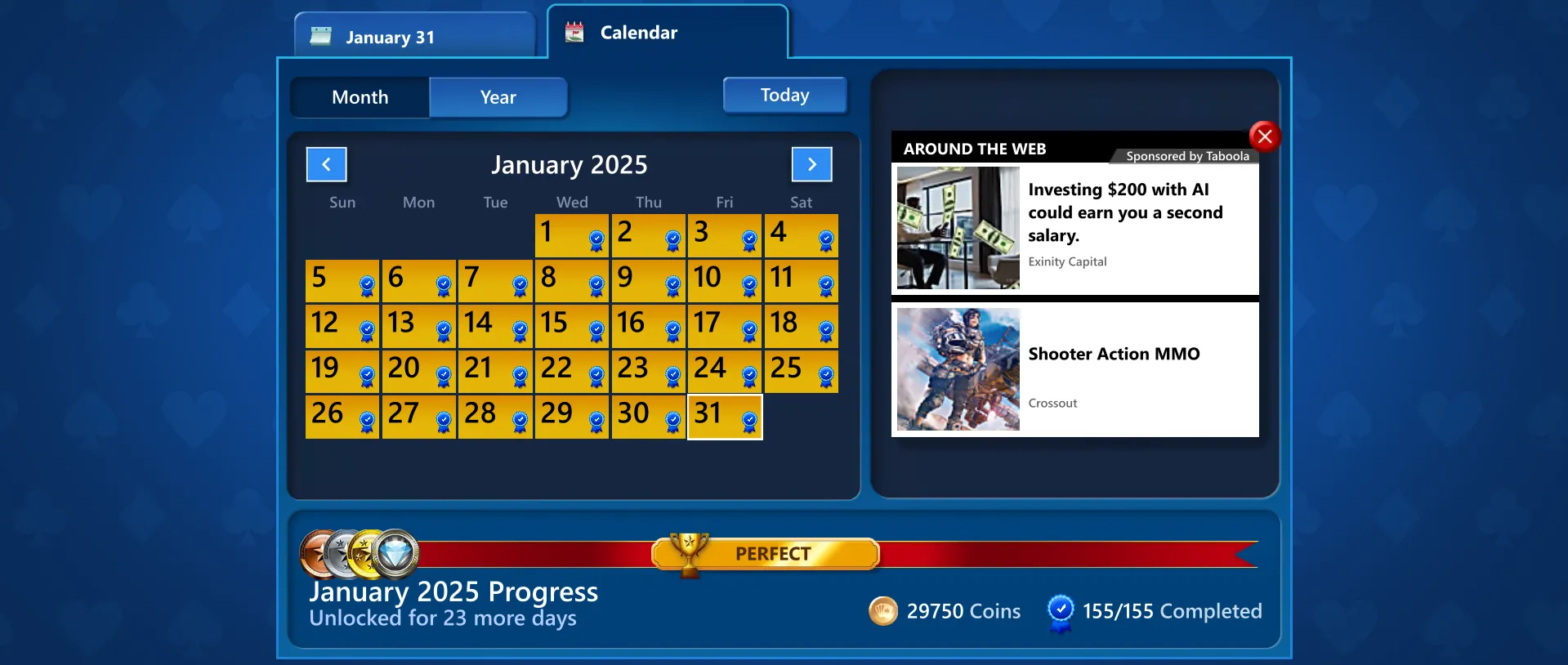 Lịch thử thách hàng ngày tháng 1 năm 2025 trong Microsoft Solitaire hiển thị các ngày có thể hoàn thành