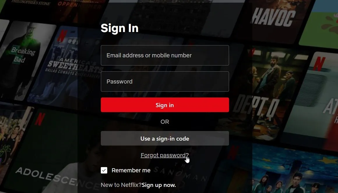 Liên kết quên mật khẩu trên trang đăng nhập Netflix