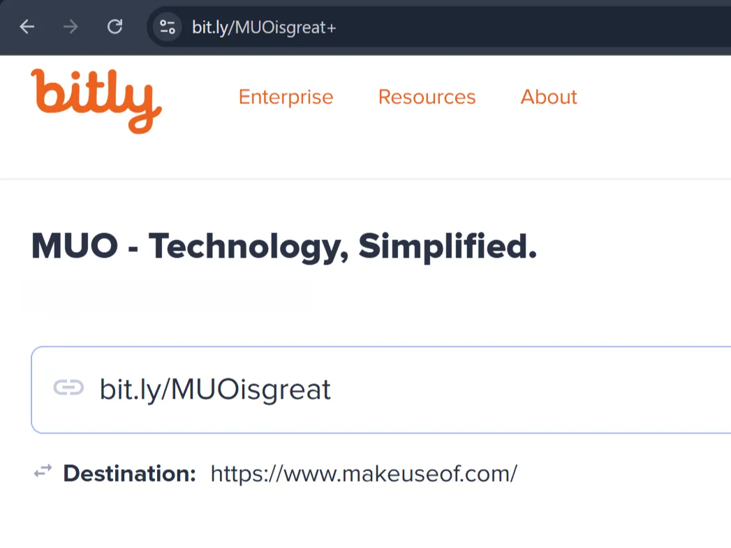 Link rút gọn Bitly dẫn đến trang chủ MakeUseOf, minh họa sự che giấu đích đến của URL