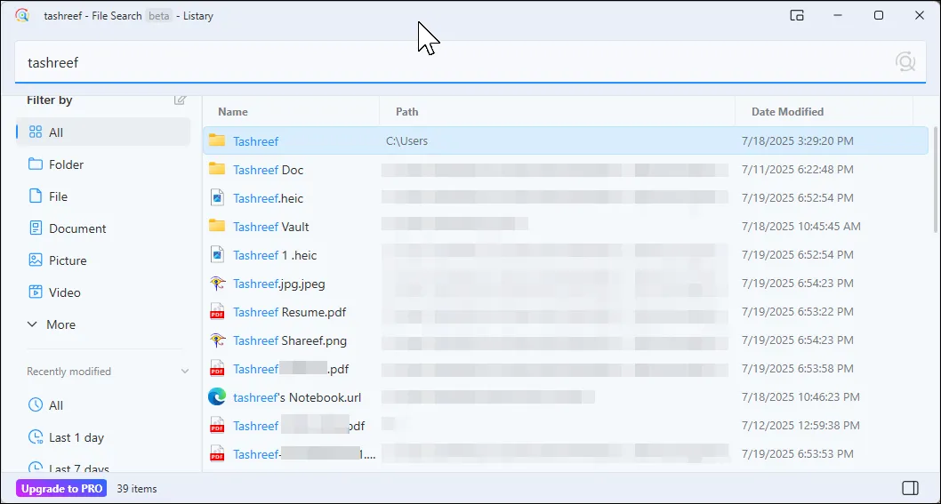 Listary hiển thị thanh tìm kiếm tức thì trên Windows 11, giúp truy cập file nhanh chóng.