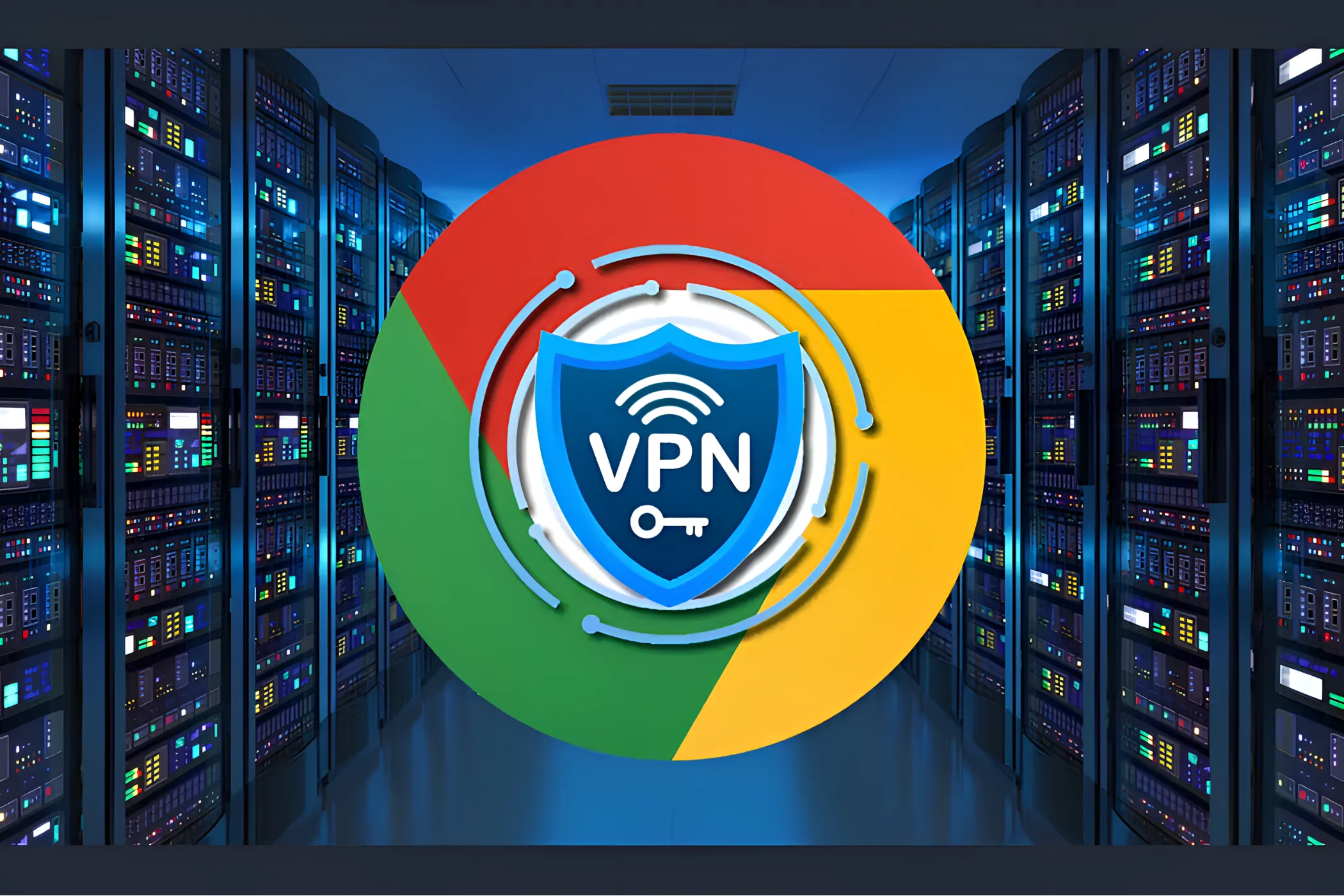 Logo trình duyệt Google Chrome với biểu tượng VPN trên nền phòng máy chủ, tượng trưng cho việc bảo vệ quyền riêng tư bằng VPN khi duyệt web.