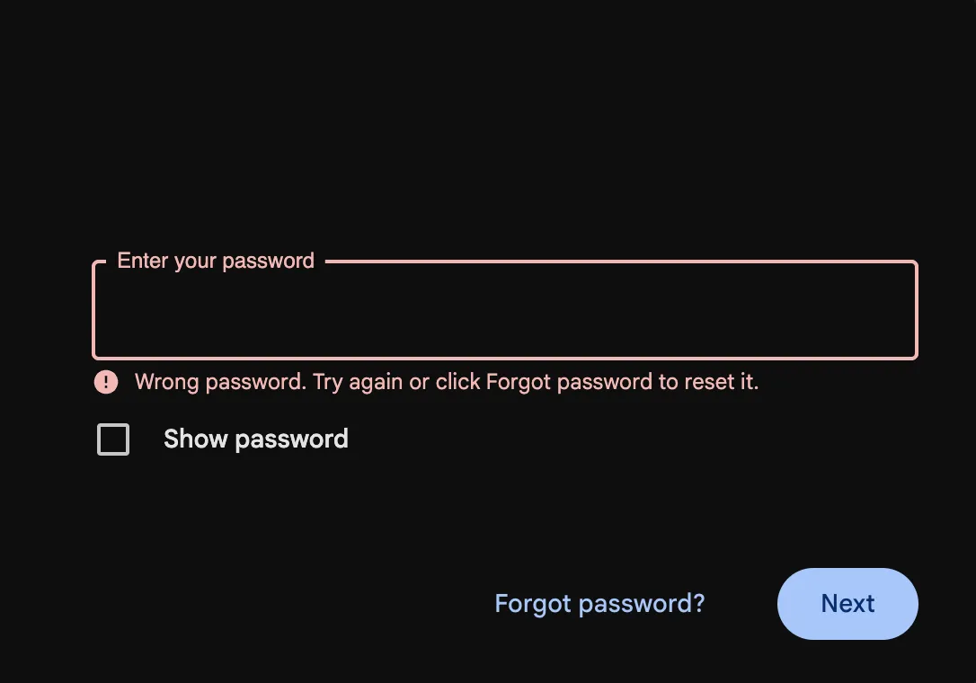 Lỗi đăng nhập Gmail khi nhập sai mật khẩu trên màn hình máy tính