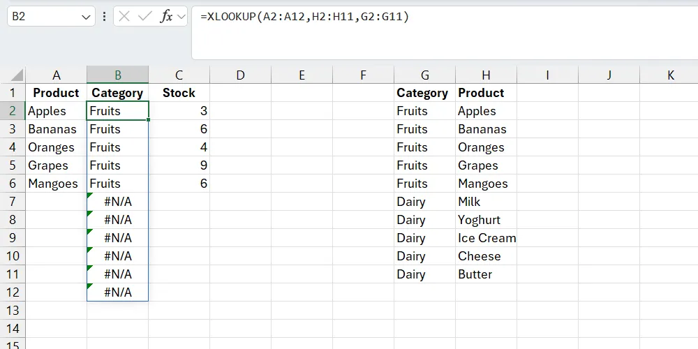 Lỗi #N/A hiển thị khi sử dụng hàm XLOOKUP trong Excel trên dữ liệu chưa được làm sạch.