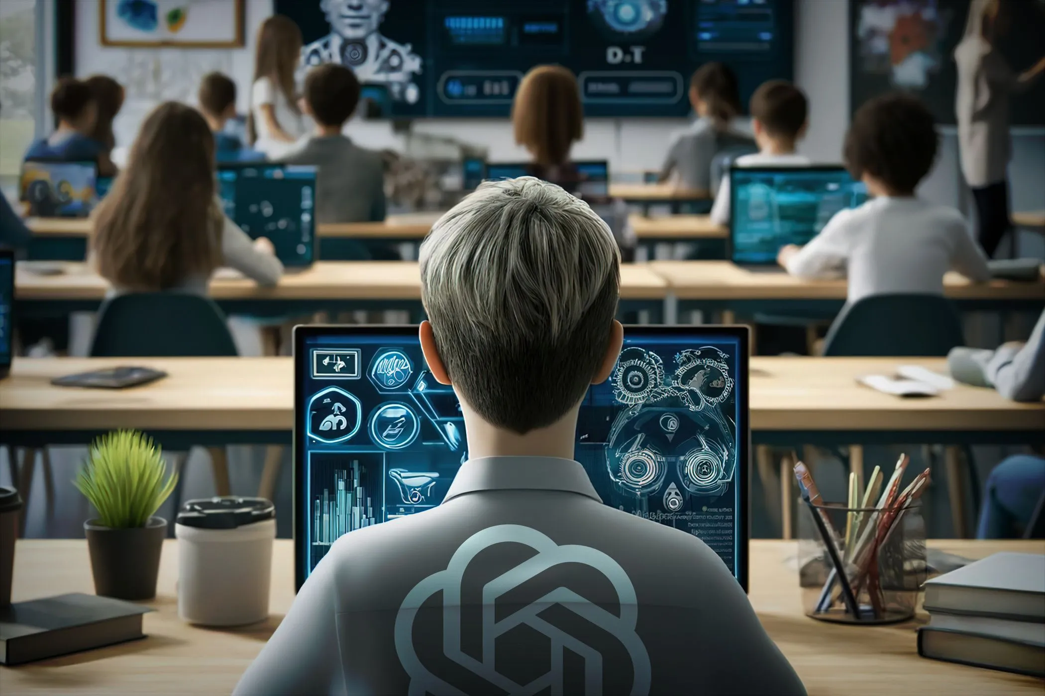 Lớp học do AI tạo ra với học sinh đang học, tượng trưng cho khả năng học hỏi và thích nghi của tác nhân AI