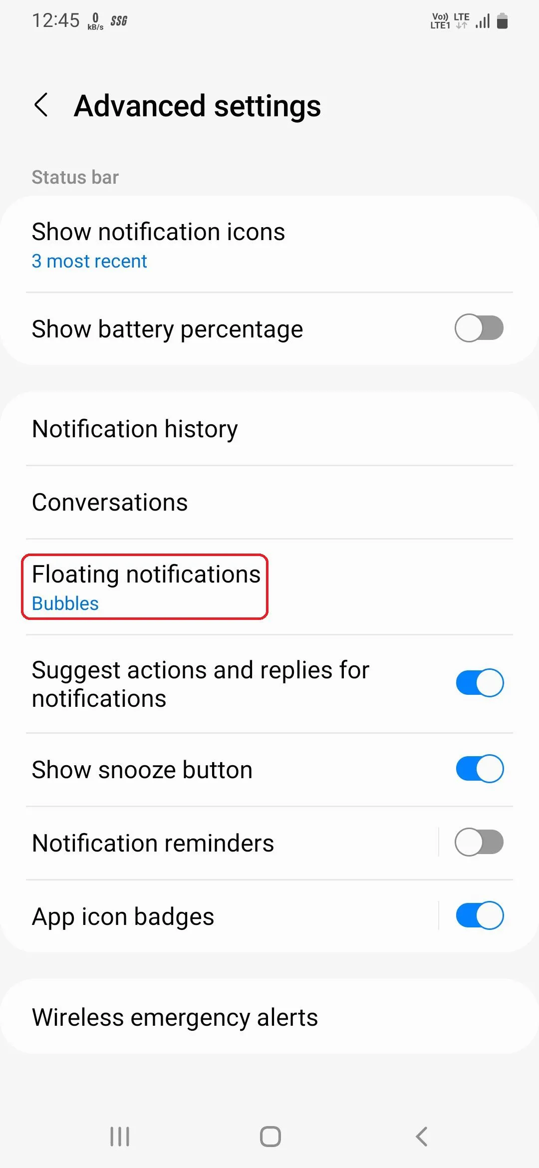 Lựa chọn bật thông báo nổi trong cài đặt nâng cao của Samsung