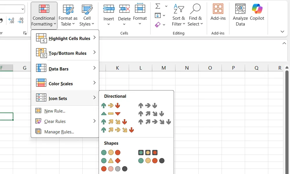 Lựa chọn kiểu bộ biểu tượng (Icon Sets) từ menu Conditional Formatting Excel