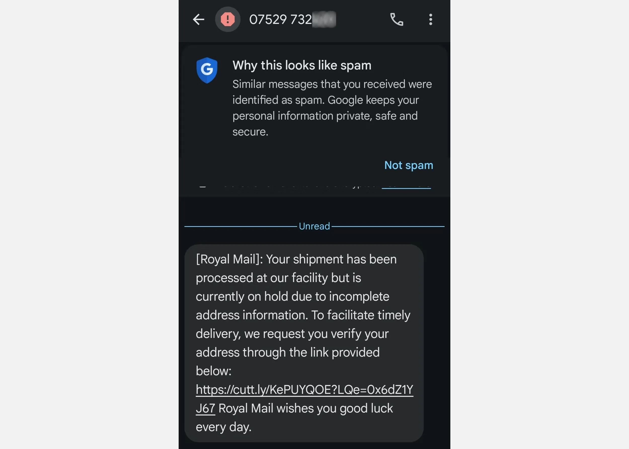 lừa đảo smishing Royal Mail UK trên điện thoại