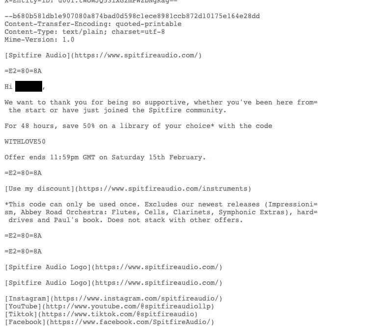 Mã nguồn HTML sạch của một email hợp pháp, không bị chèn ký tự lạ.