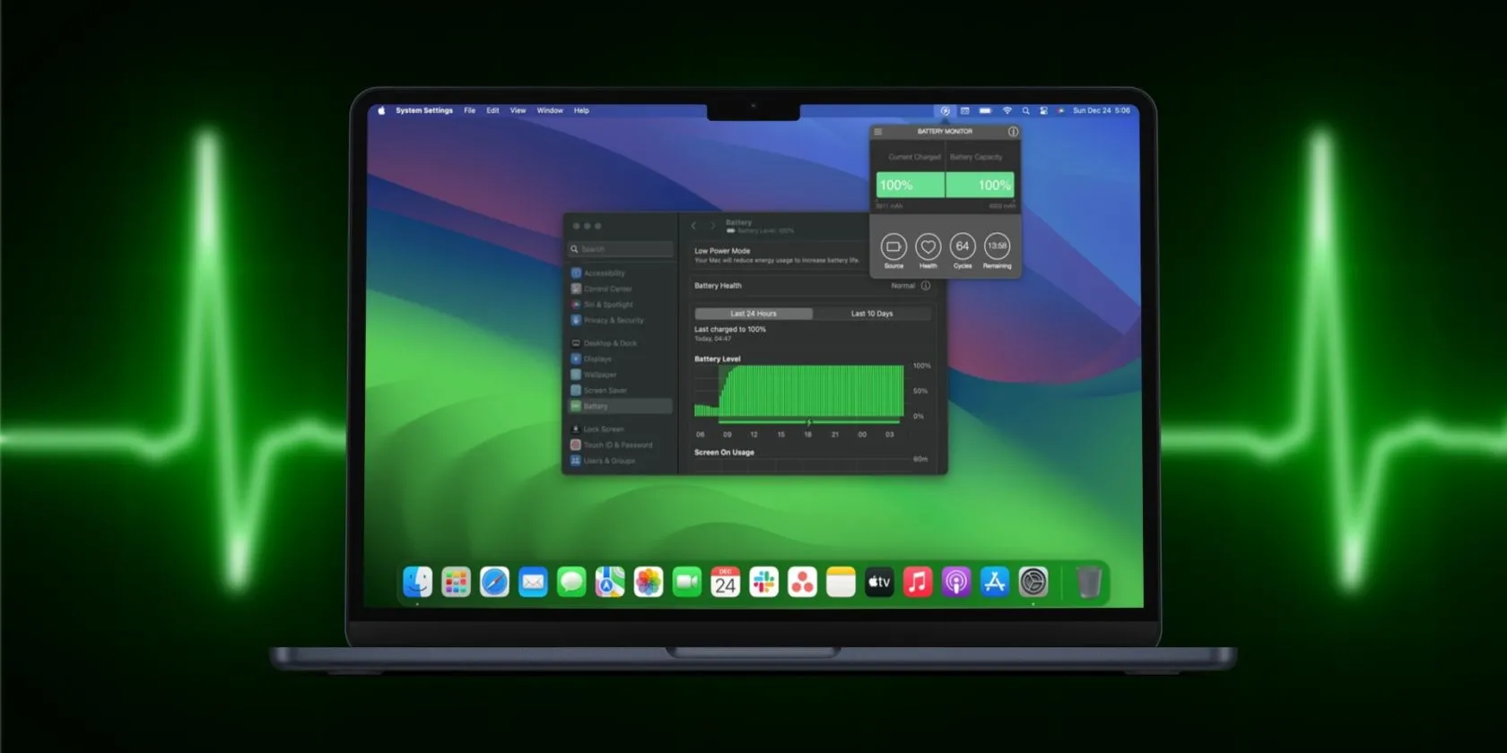 MacBook hiển thị trạng thái pin trong cài đặt hệ thống và thanh menu