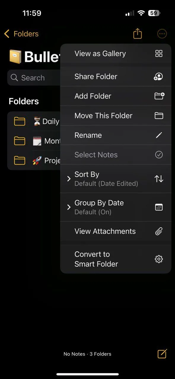 Màn hình Apple Notes với các ghi chú và nhiệm vụ được sắp xếp theo bố cục Bullet Journal hàng ngày.
