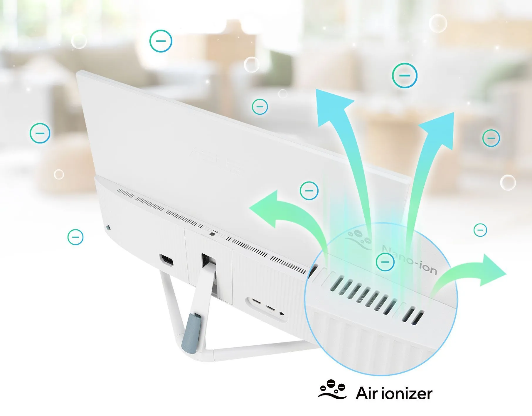 Màn hình Asus VU Air Ionizer hiển thị khả năng làm sạch không khí bằng công nghệ ion nano.