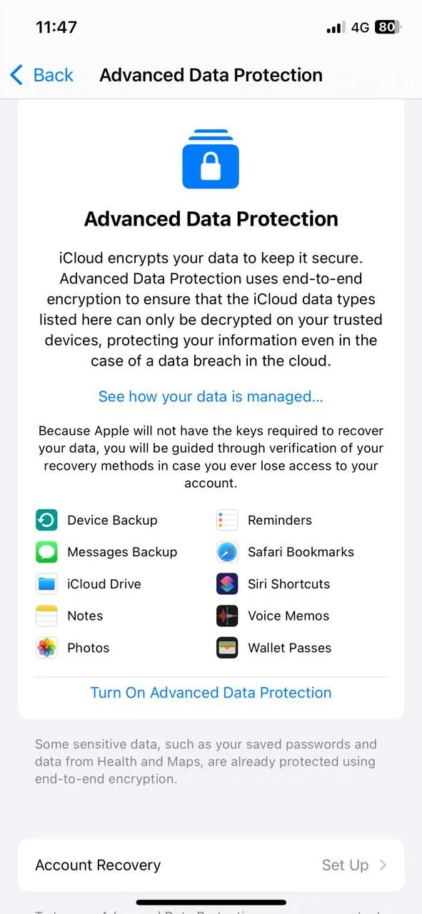 Màn hình bật Bảo vệ Dữ liệu Nâng cao cho iCloud trên iPhone