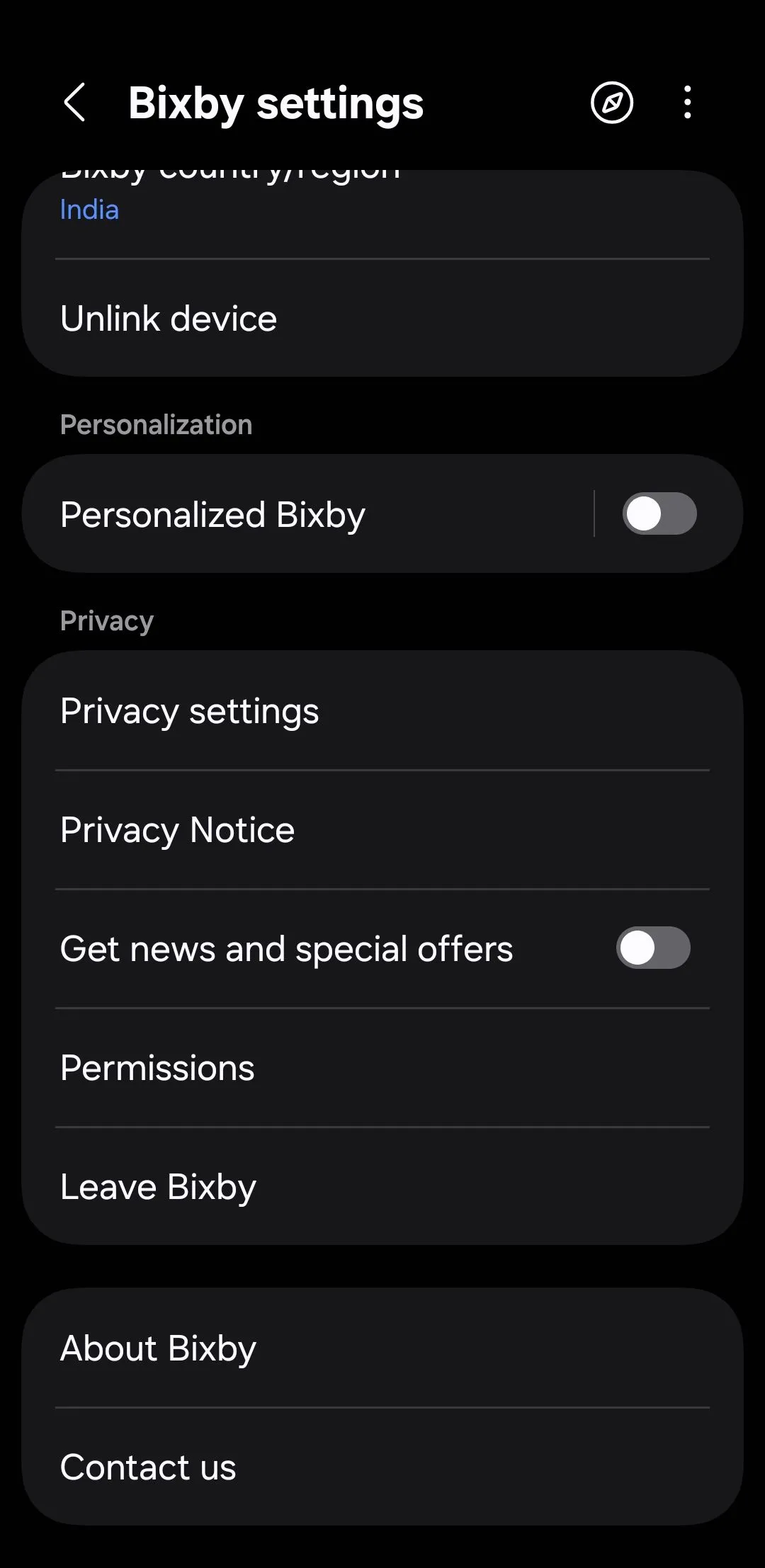 Màn hình cài đặt Bixby trên điện thoại Samsung Galaxy, nơi quản lý các tùy chọn xử lý ngoại tuyến và quyền riêng tư giọng nói.