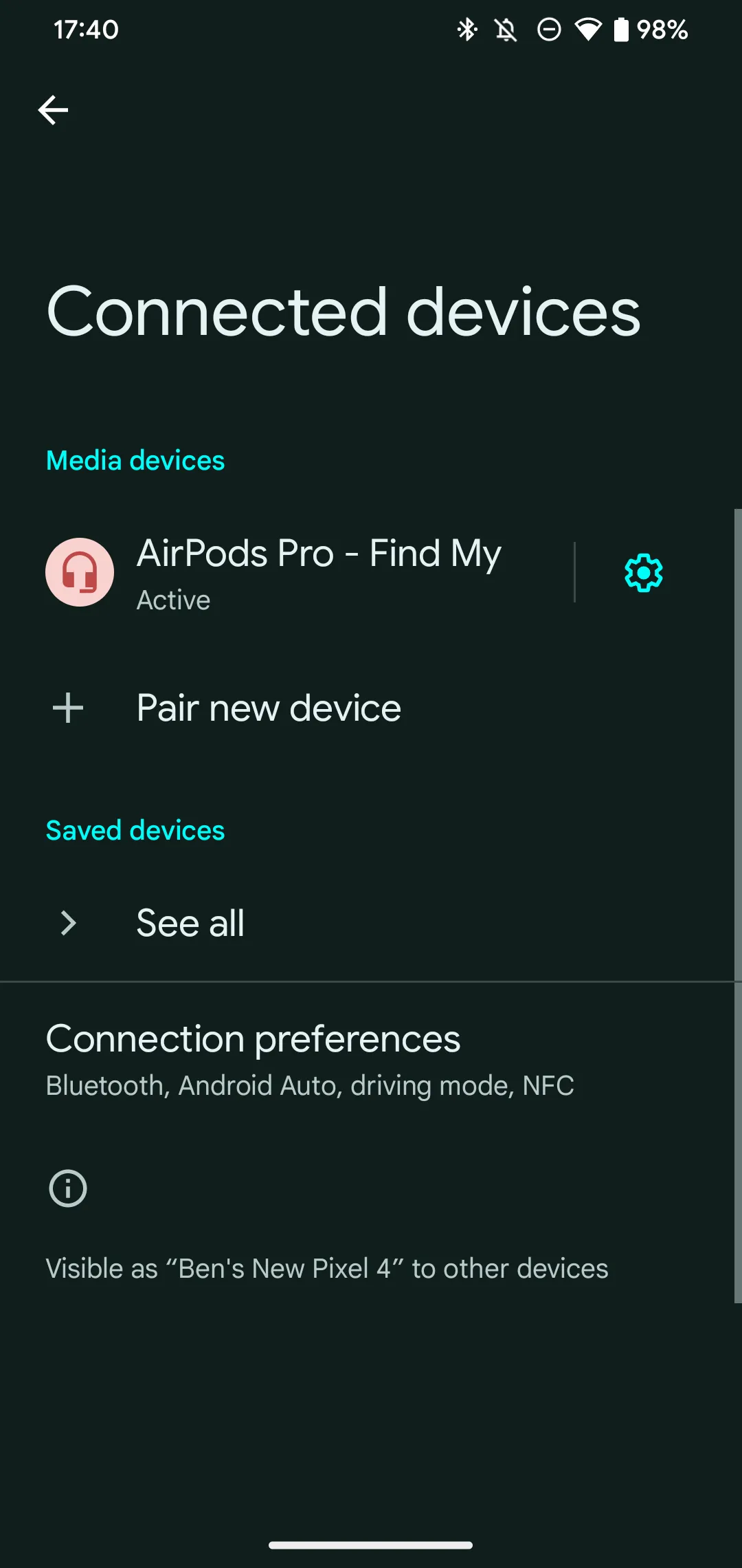Màn hình cài đặt Bluetooth trên điện thoại Android xác nhận AirPods đã được ghép nối thành công và sẵn sàng để sử dụng.