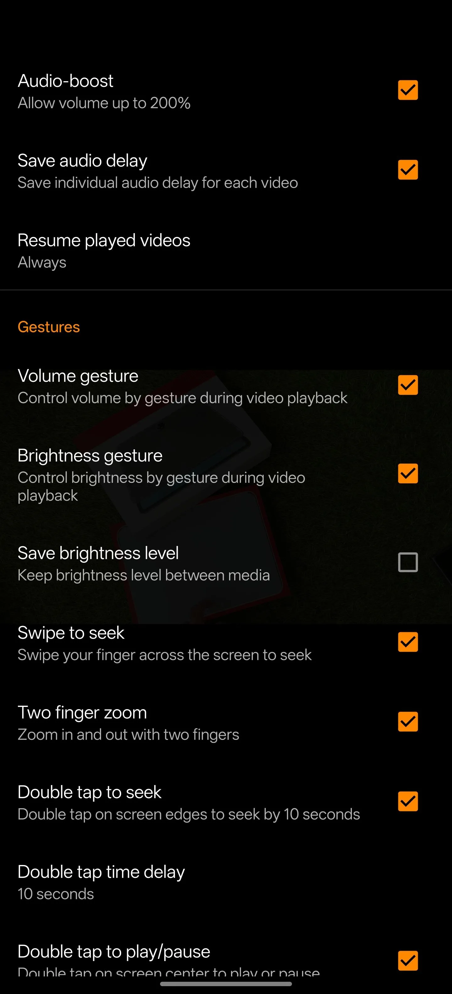 Màn hình cài đặt của ứng dụng VLC for Android với nhiều tùy chọn cấu hình.