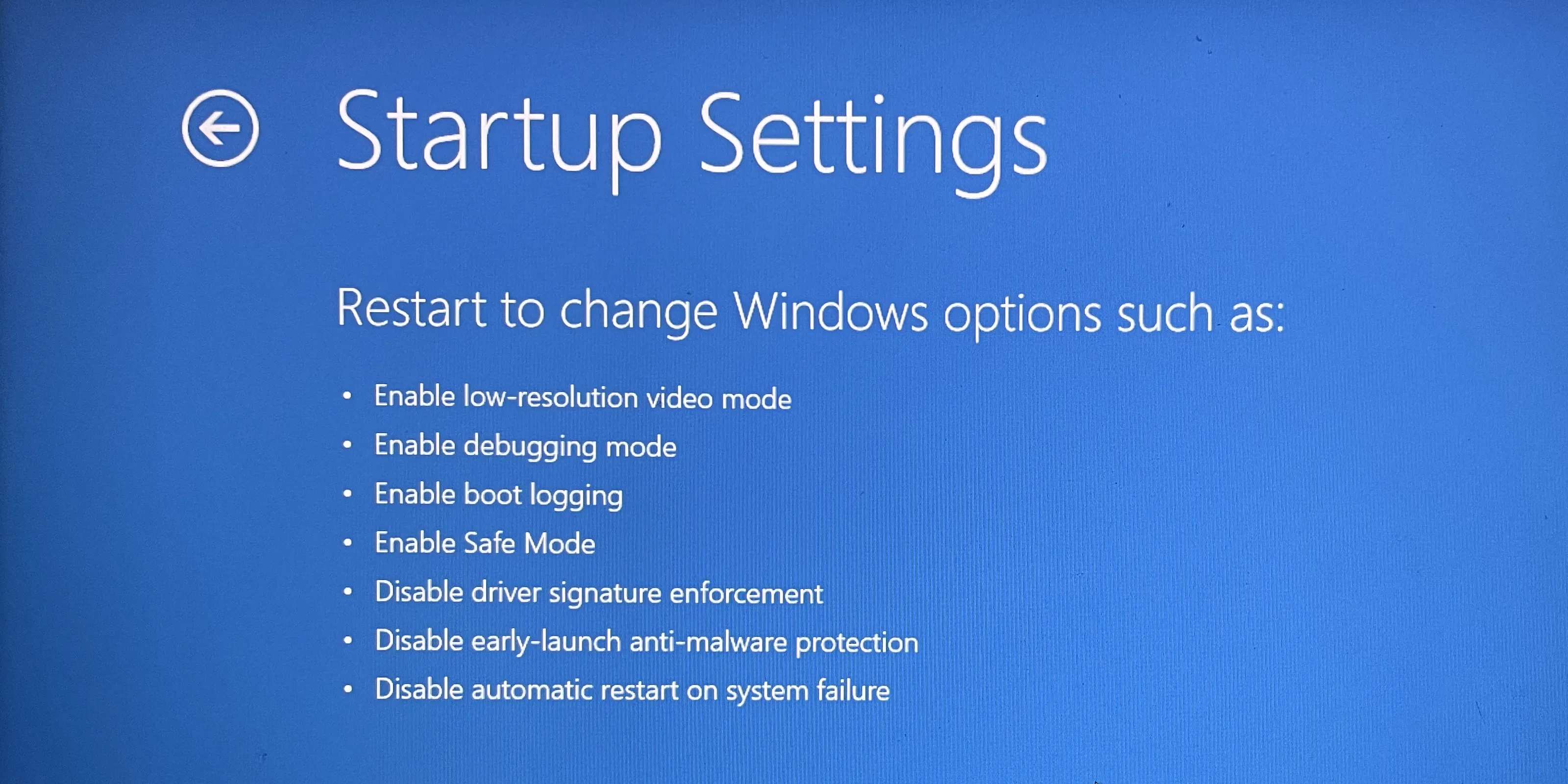 Màn hình Cài đặt Khởi động (Startup Settings) hiển thị các chế độ boot đặc biệt của Windows