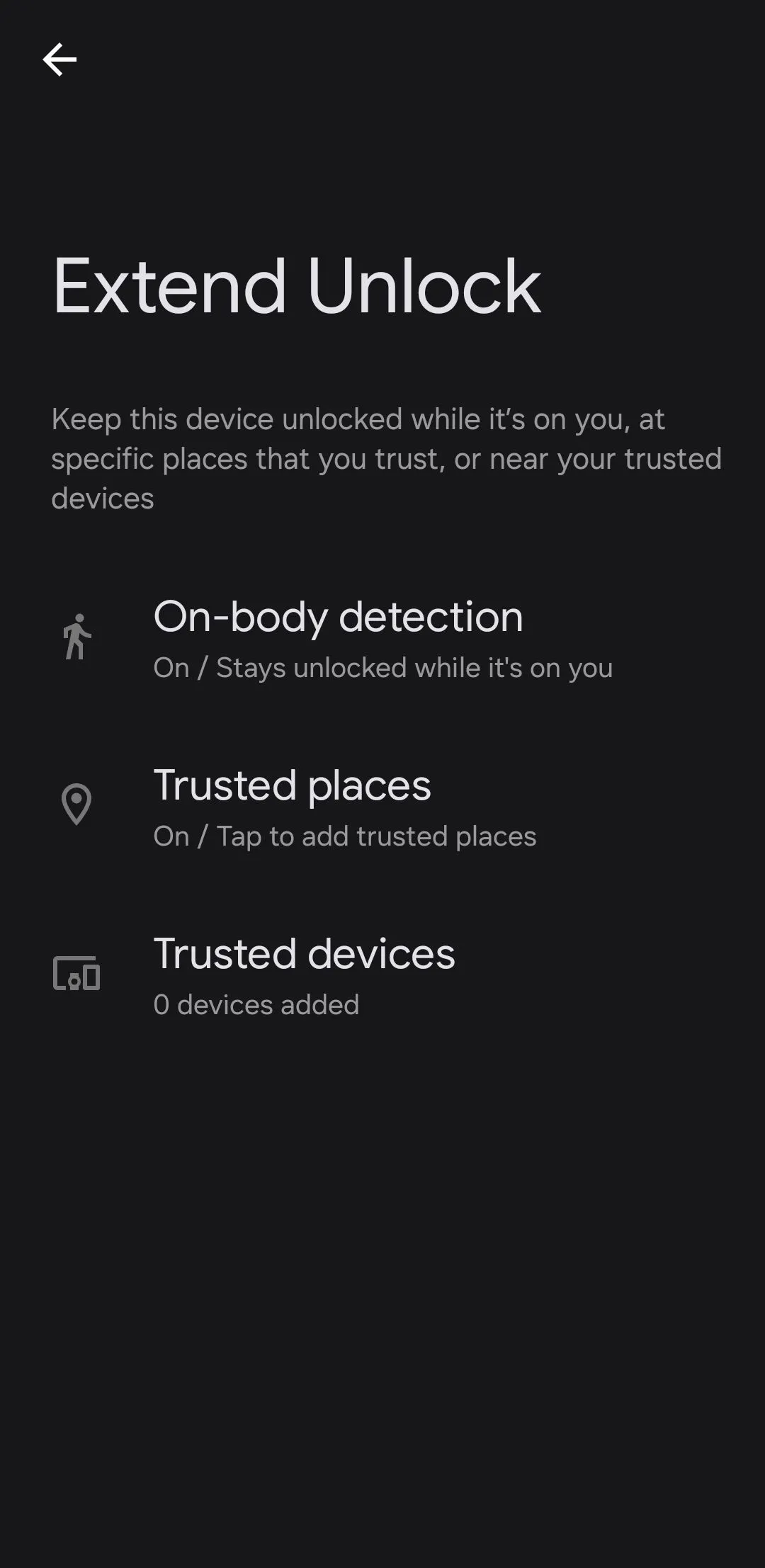 Màn hình cài đặt Mở khóa mở rộng (Extend Unlock) trên điện thoại Android, hiển thị các tùy chọn như địa điểm đáng tin cậy, thiết bị đáng tin cậy và nhận dạng khuôn mặt.