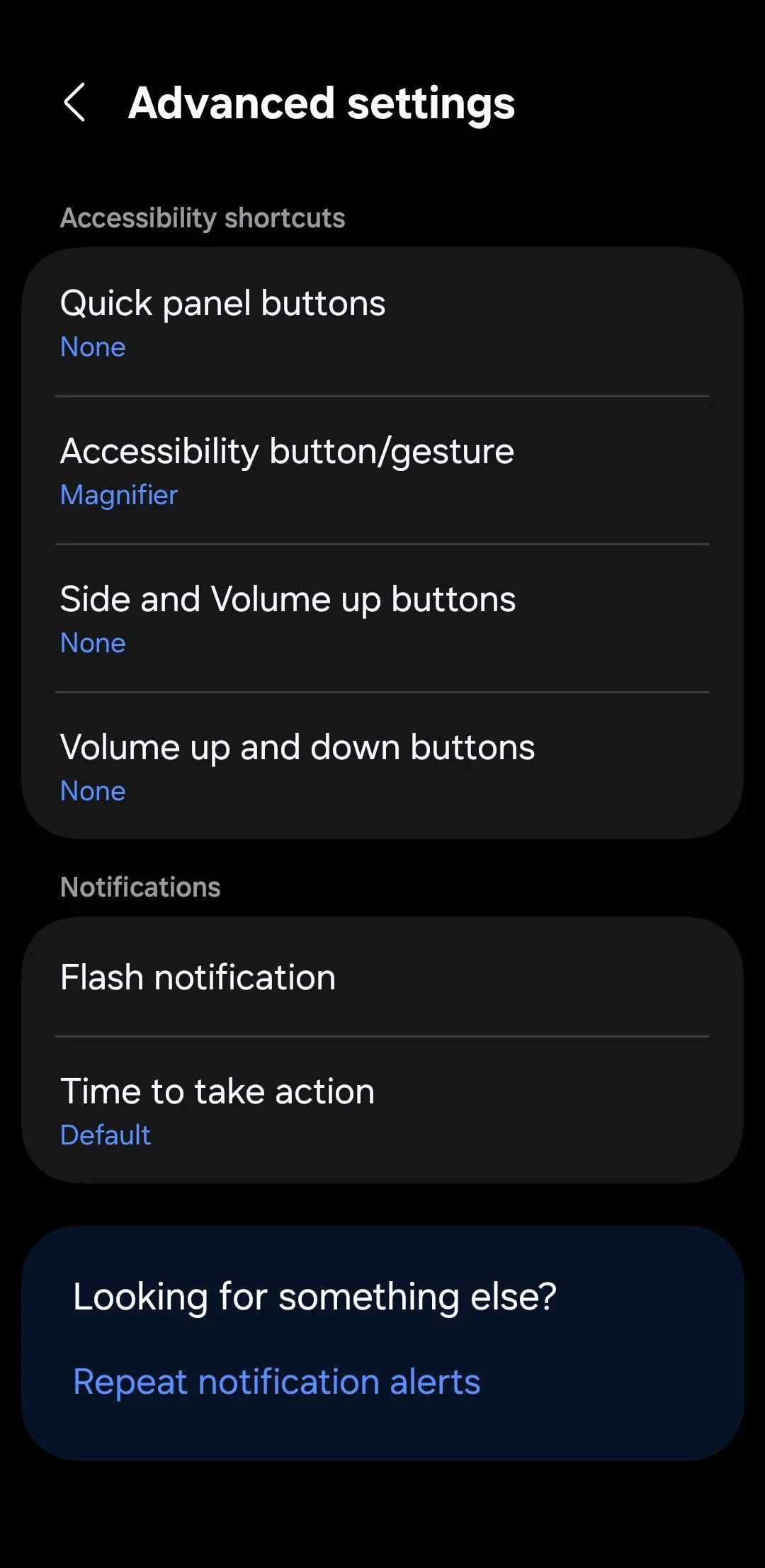Màn hình cài đặt Phím tắt trợ năng nâng cao trên điện thoại Android, cho phép gán các chức năng trợ năng cho tổ hợp nút nguồn và nút tăng/giảm âm lượng.