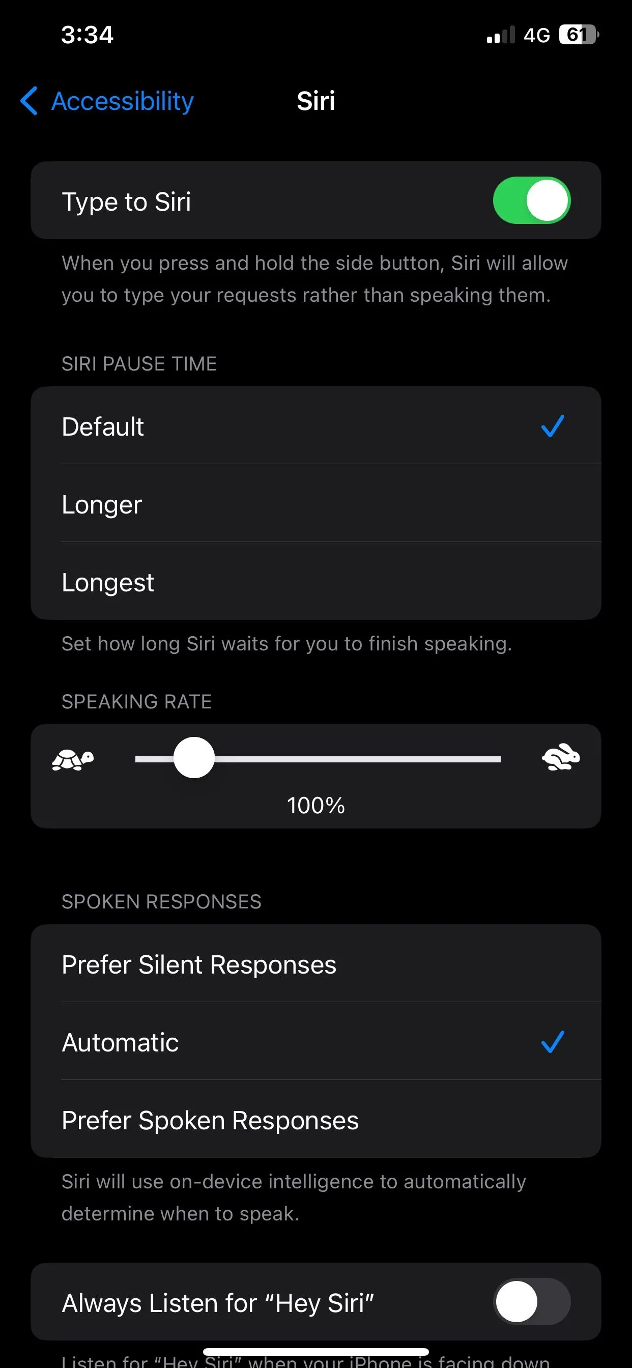 Màn hình cài đặt Siri trên iPhone chạy iOS 17, minh họa cách bật tùy chọn Gõ để dùng Siri.