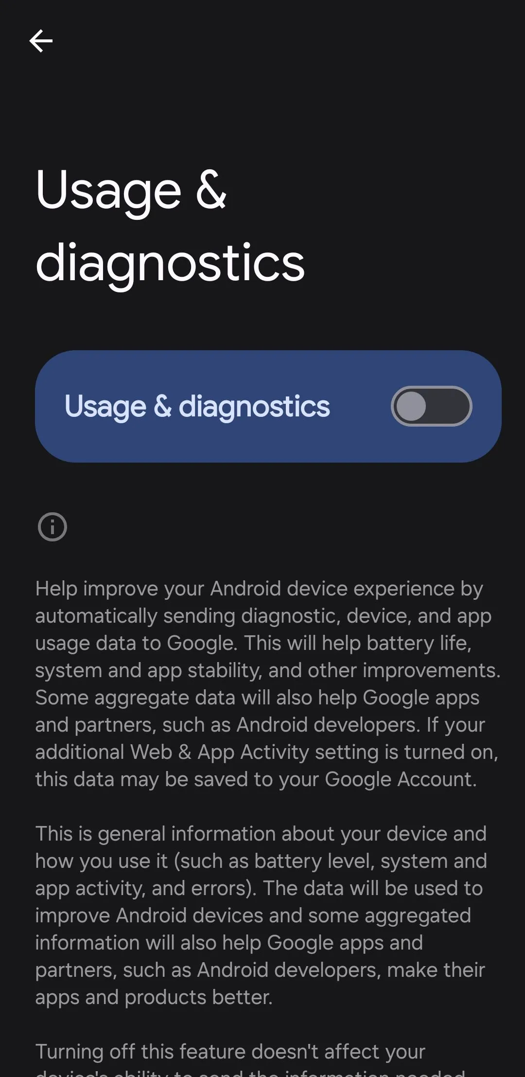 Màn hình cài đặt sử dụng và chẩn đoán trên điện thoại Android, cho phép bật/tắt việc gửi dữ liệu chẩn đoán cho Google.