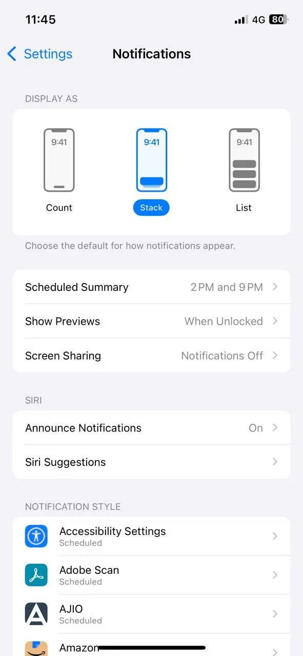 Màn hình cài đặt Thông báo trên iPhone, nơi điều chỉnh hiển thị bản xem trước
