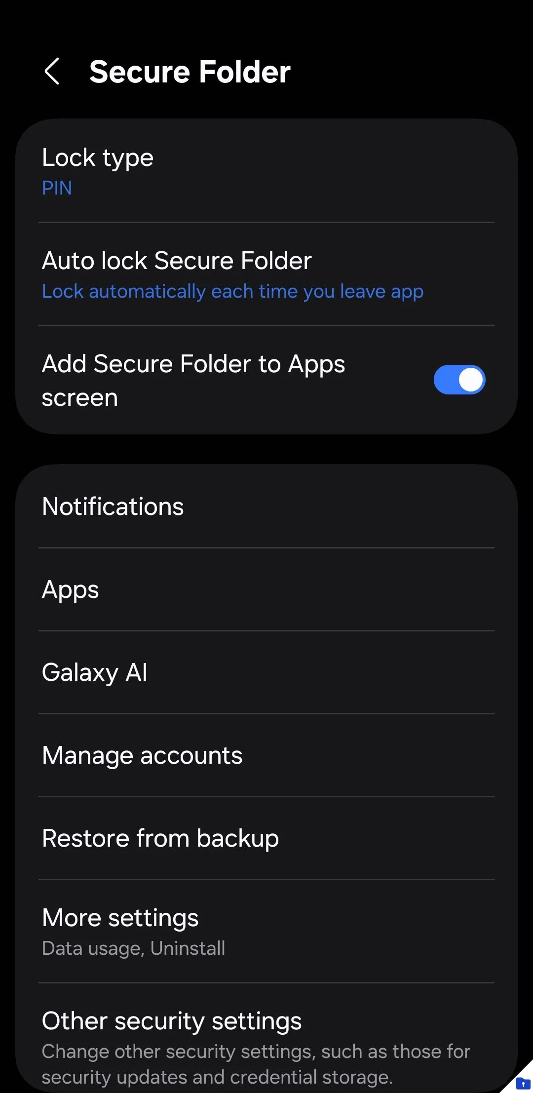Màn hình cài đặt Thư mục Bảo mật (Secure Folder) trên điện thoại Samsung, cho phép thiết lập và quản lý không gian riêng tư được mã hóa.
