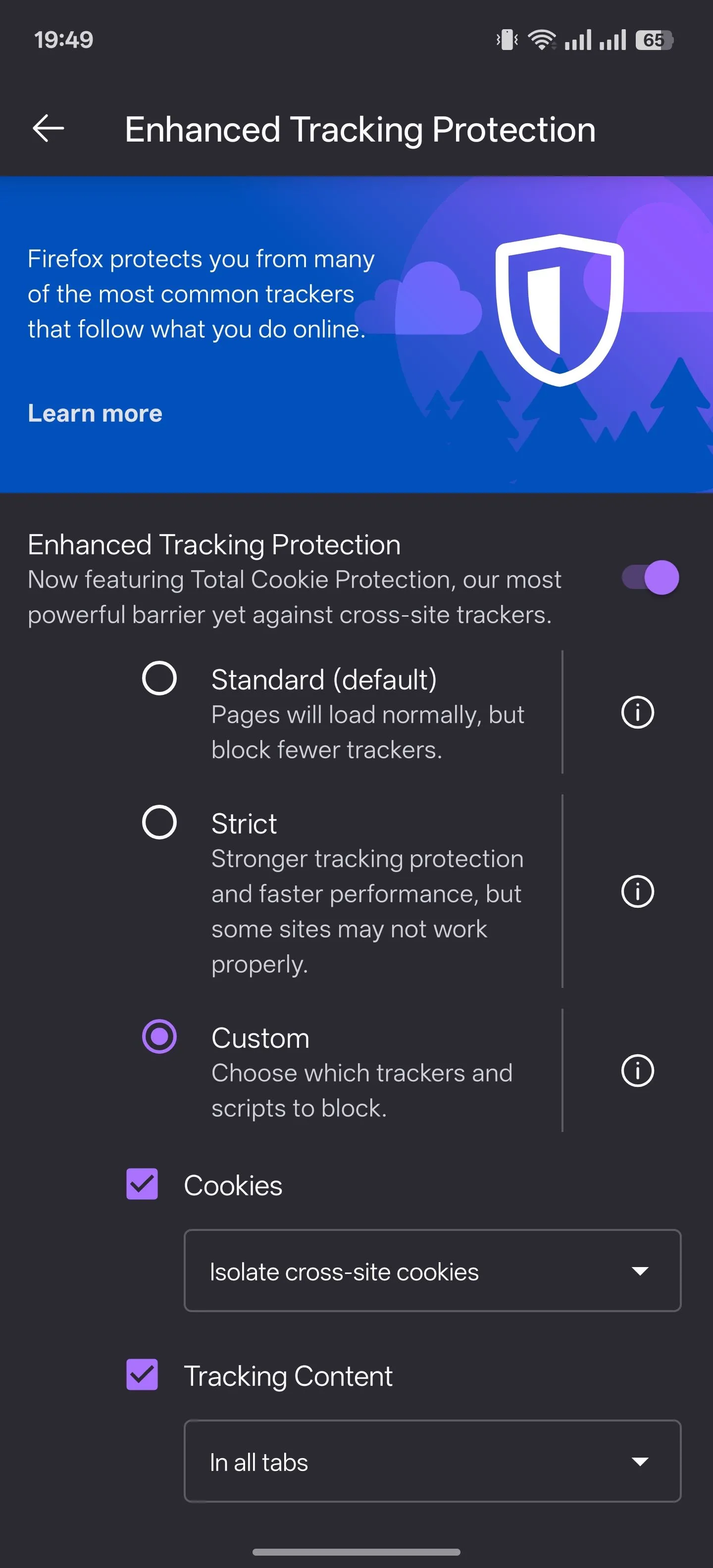 Màn hình cài đặt tính năng Bảo vệ Theo dõi Nâng cao trong trình duyệt Firefox trên Android.