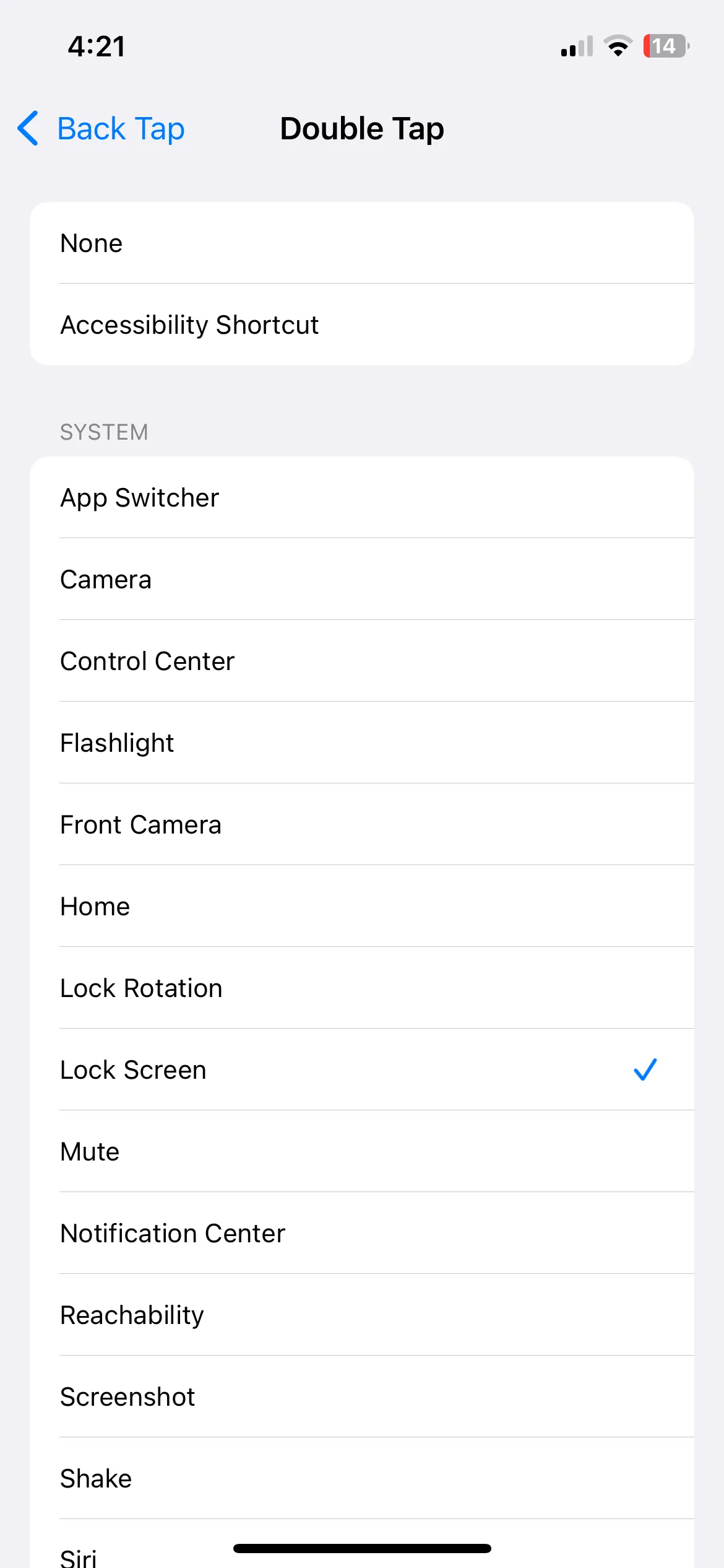 Màn hình cài đặt tính năng Chạm hai lần (Back Tap) trên iPhone