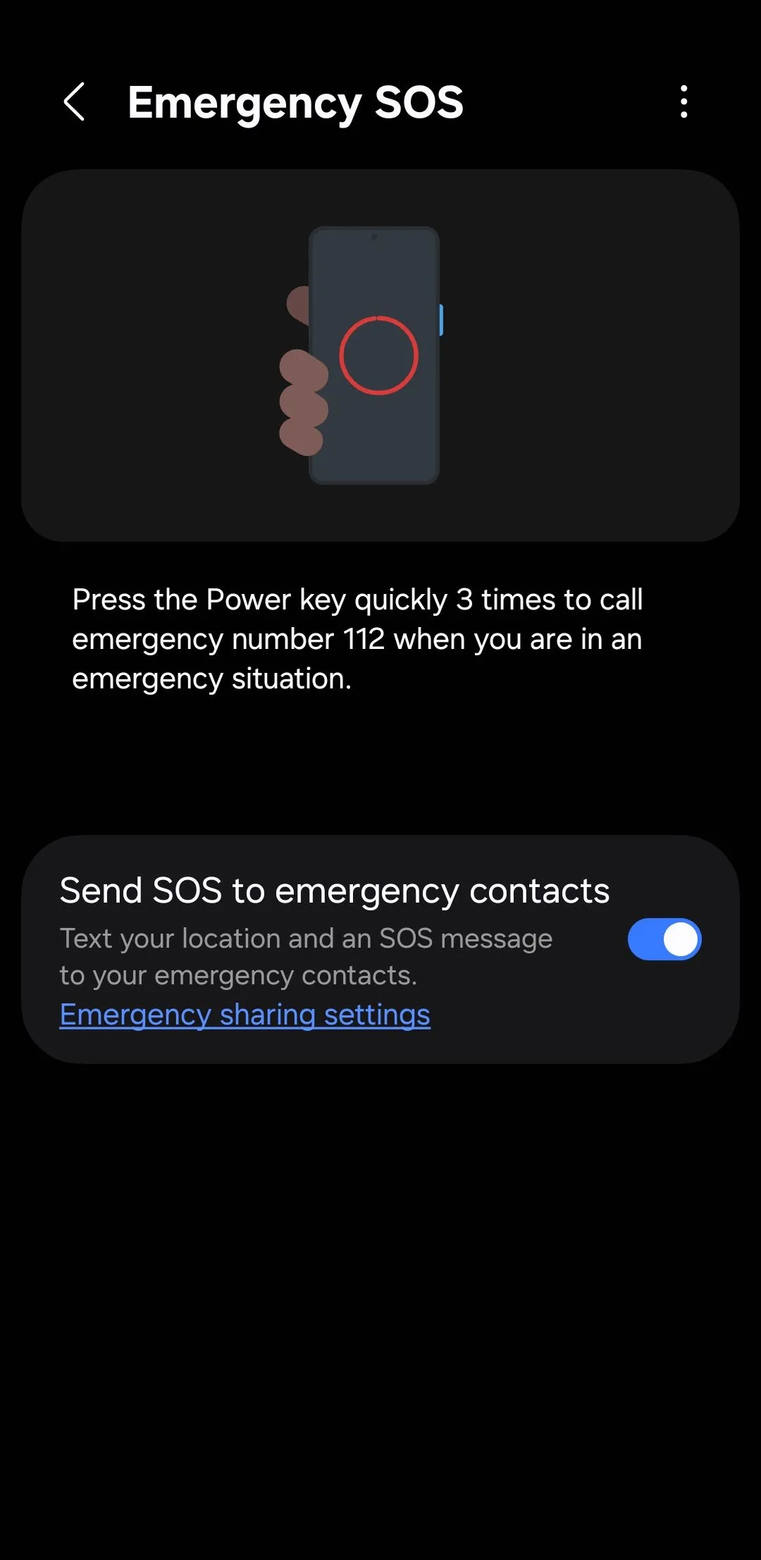 Màn hình cài đặt tính năng khẩn cấp SOS (Emergency SOS) trên điện thoại Android, hiển thị tùy chọn đếm ngược trước khi thực hiện cuộc gọi khẩn cấp.