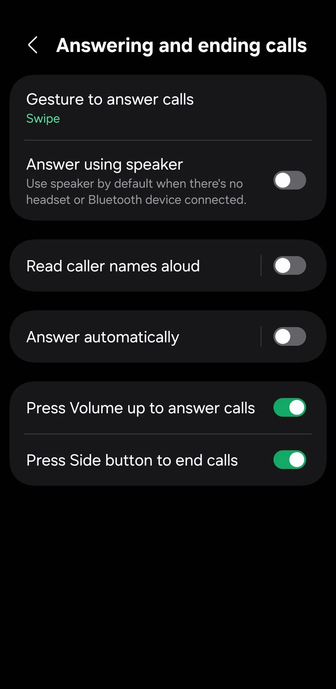 Màn hình cài đặt Trả lời và kết thúc cuộc gọi trên điện thoại Android, cho phép bật chức năng sử dụng nút âm lượng để trả lời và nút nguồn để kết thúc cuộc gọi.