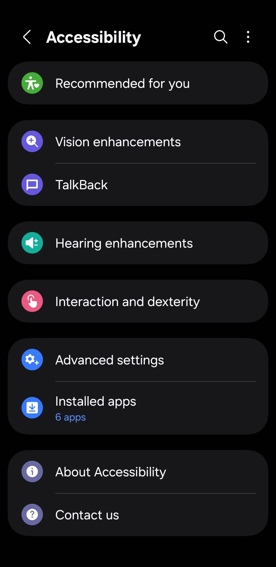 Màn hình cài đặt Trợ năng (Accessibility) trên điện thoại Android, hiển thị các tùy chọn để hỗ trợ người dùng có nhu cầu đặc biệt.