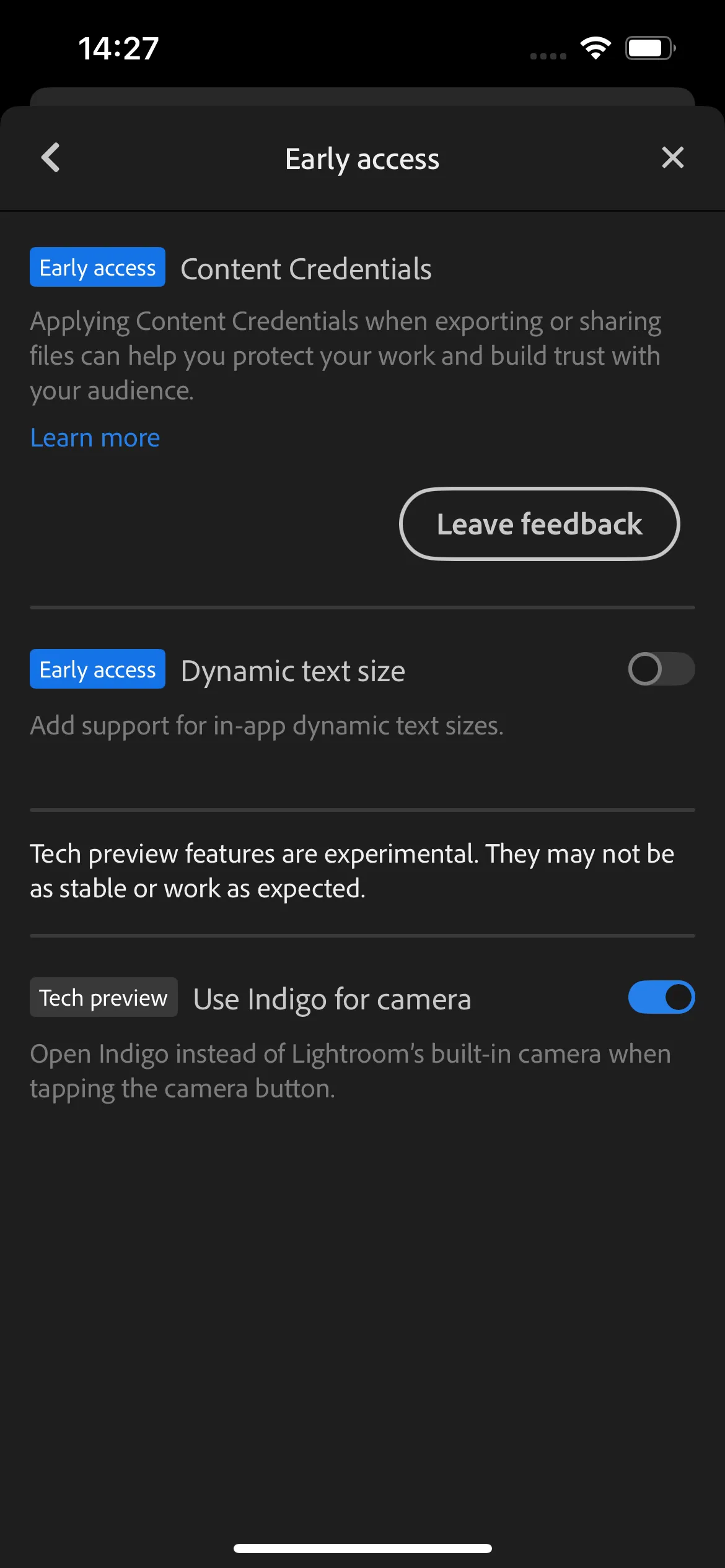 Màn hình cài đặt ứng dụng Adobe Lightroom Mobile, hiển thị tùy chọn 'Early Access' nơi người dùng có thể kích hoạt tính năng tích hợp với Project Indigo.