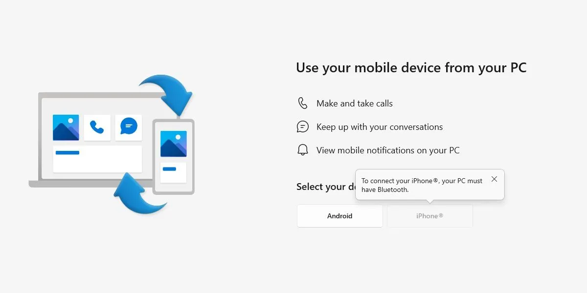 Màn hình cài đặt và ghép nối ứng dụng Microsoft Phone Link