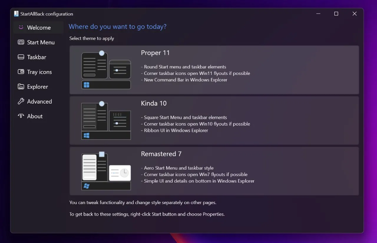 Màn hình chào mừng của Startallback, ứng dụng tùy biến Start Menu và Taskbar trên Windows 11