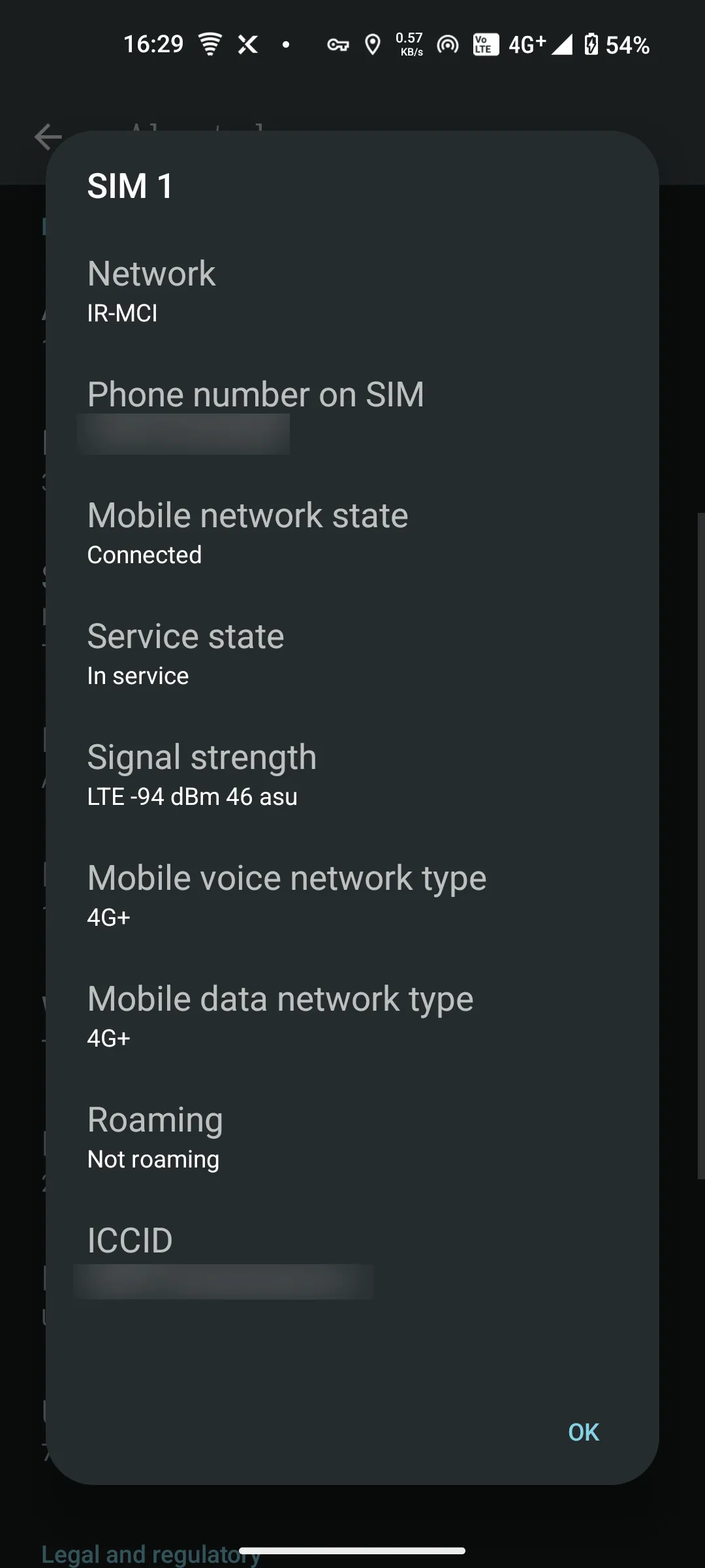 Màn hình &quot;Chi tiết SIM&quot; của Nothing Phone hiển thị các thông số đo lường tín hiệu di động