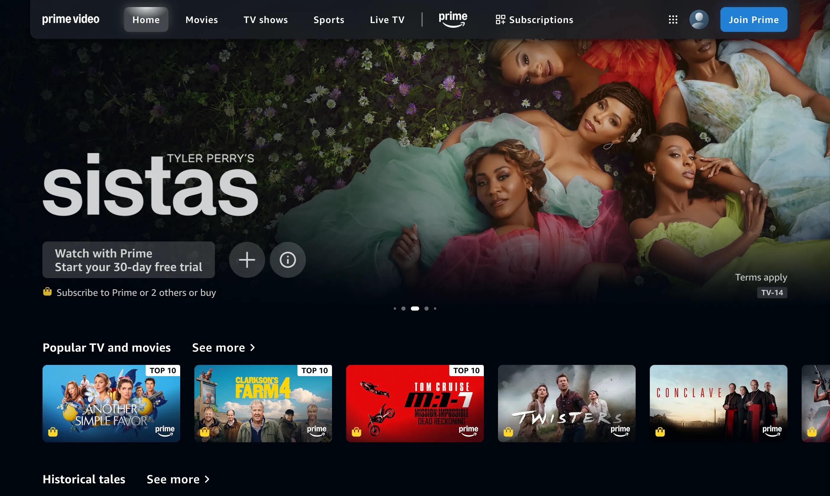 Màn hình chính của dịch vụ stream Amazon Prime Video với các nội dung độc quyền và đa dạng.
