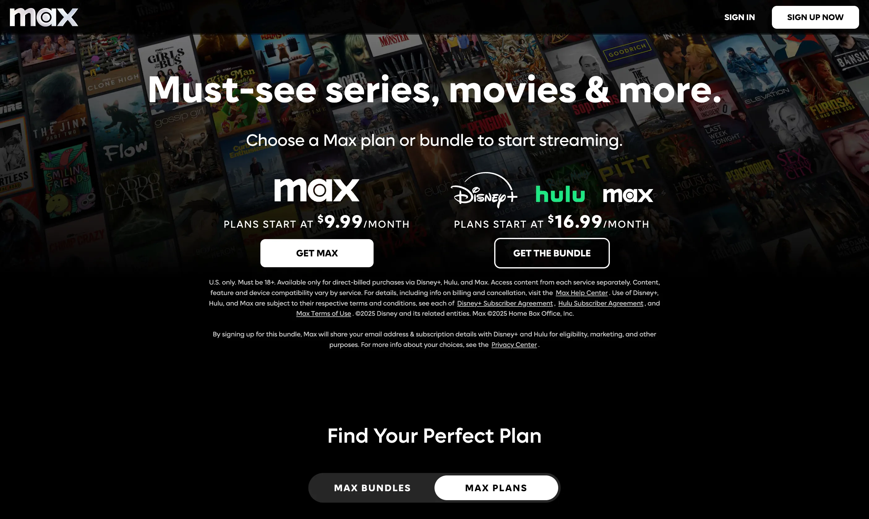 Màn hình chính của HBO Max (Max) hiển thị các gói dịch vụ và mức giá.